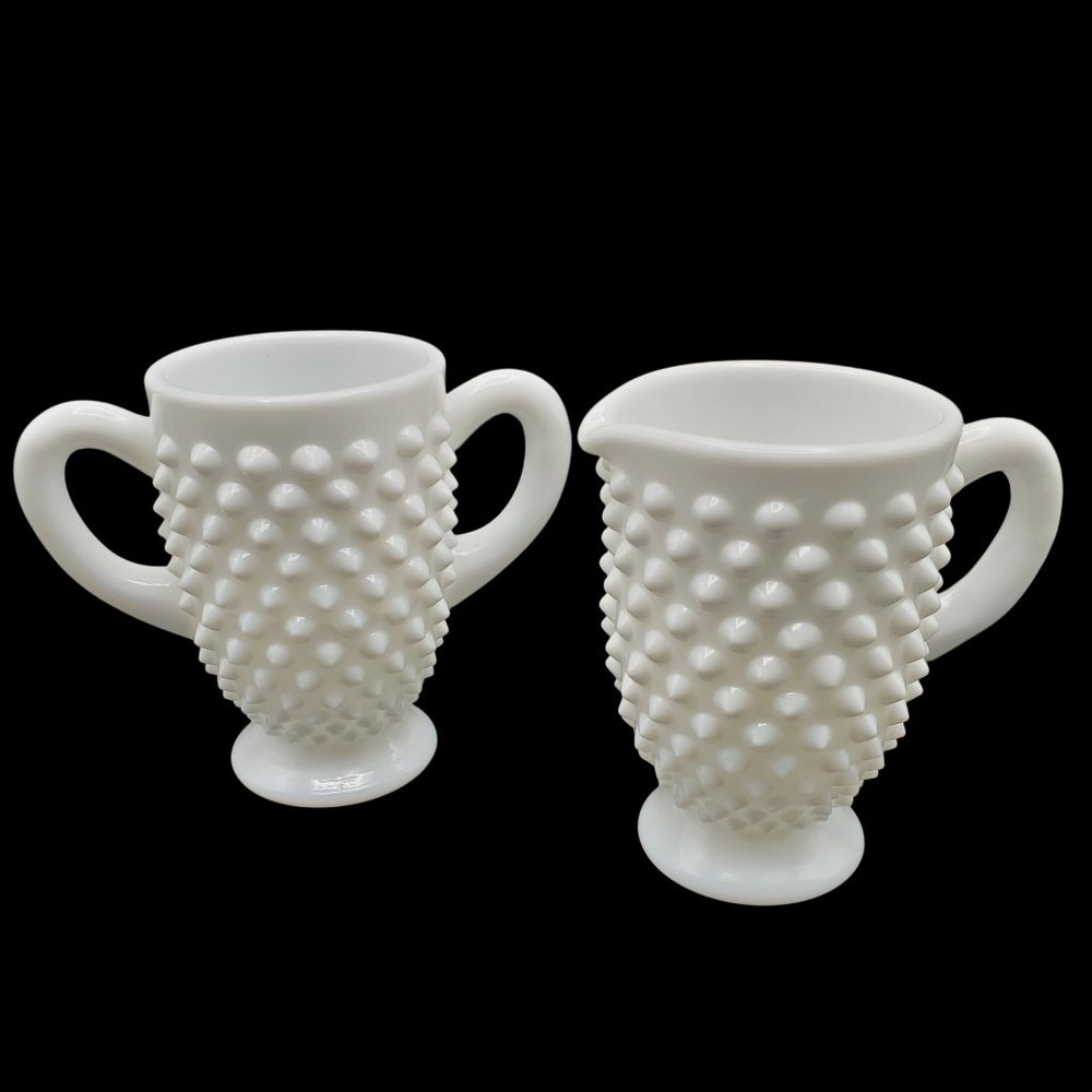 Vintage Fenton Hobnail White Milk Glass 2 pc Creamer & Open Sugar Bowl Set 3.5"